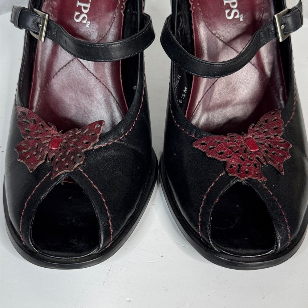 TWO LIPS SUMMER BLACK MARY JANE HEELS BUTTERFLY PEEP TOE VINTAGE Y2K SHOES - Picture 11 of 14